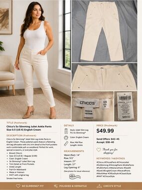 Chico’s So Slimming Juliet Slim Leg Ankle Pants NWT Size 0.5 US 6 English Cream